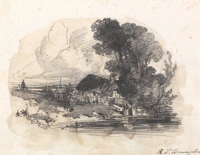 Árboles y una cabaña junto a un río de Richard Parkes Bonington